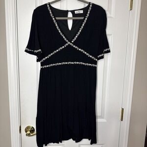 🖤 IN LOOM Embroidered Boho Mini Dress | Black with White Floral Trim | Size L